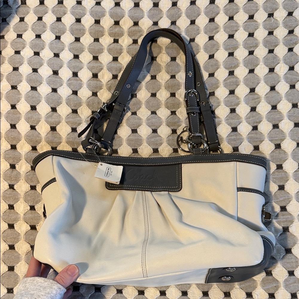 Coach Cream Leather Shoulder Bag with Dark Brown Trim
